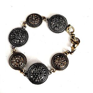 Lucky Brand Silver & Gold Tone Linked Medallion 8" Bracelet with Pave Stones